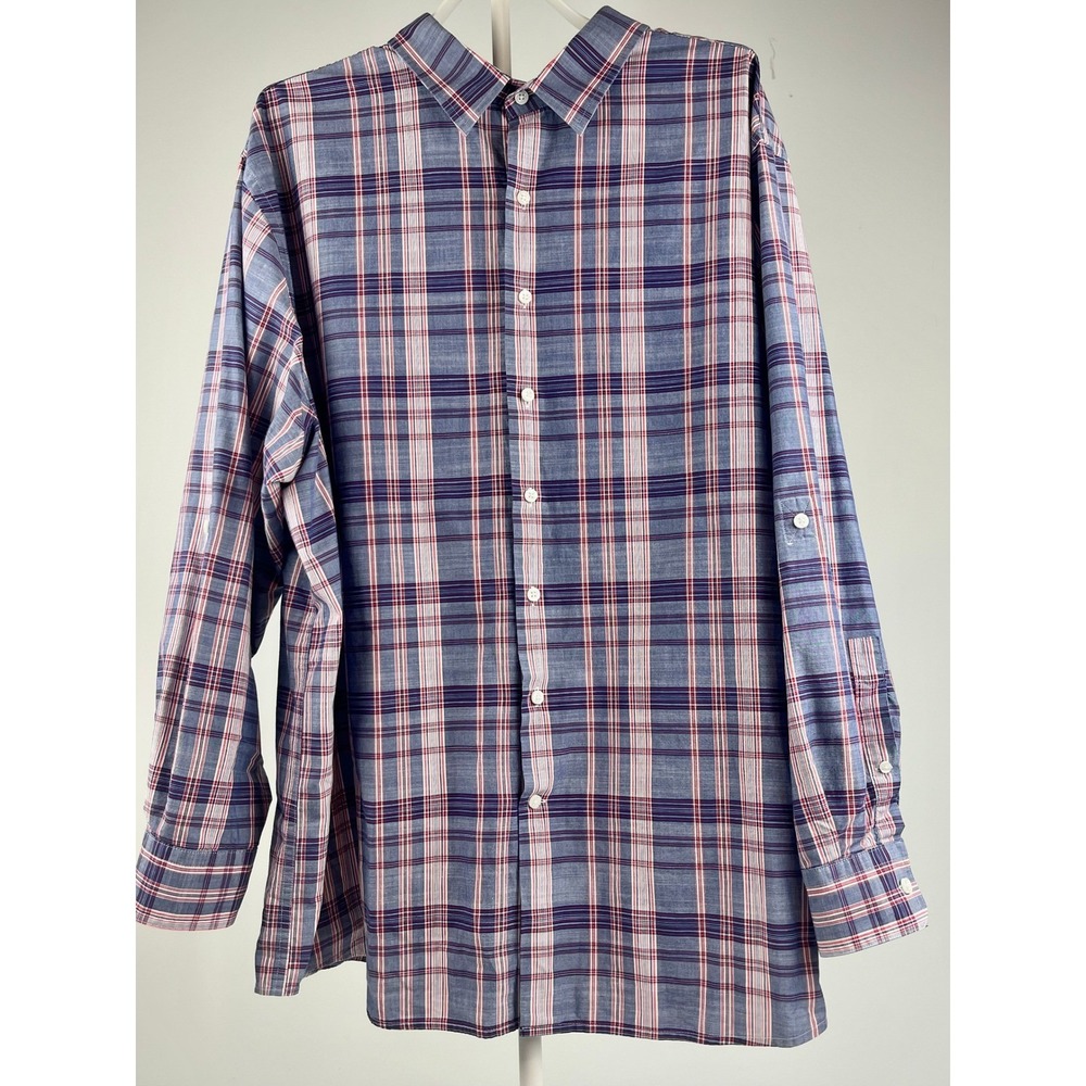 SYNRGY Mens 3XLT Plaid Button Down Shirt Blue Red White Cotton Roll Tab Sleeve